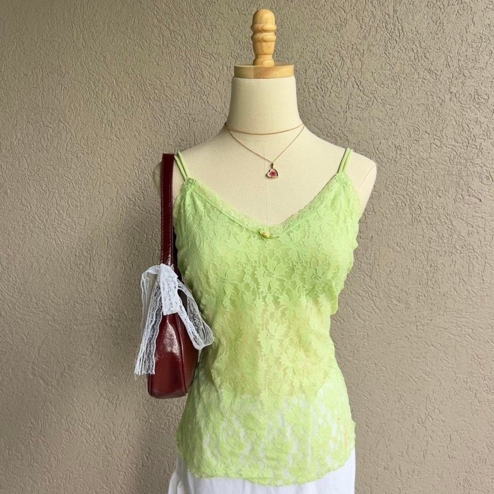 Vintage Y2K Lime Green Lace Cami Tank Top Size Large Fairy Cottagecore‎